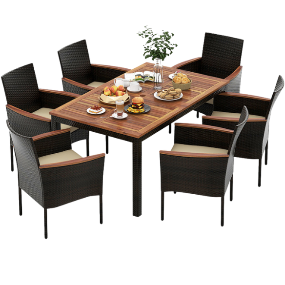 7-Piece Patio Dining Set | Wicker Outdoor Dining Set with Acacia Wood Table | Perfect for Garden and Yard Gatherings