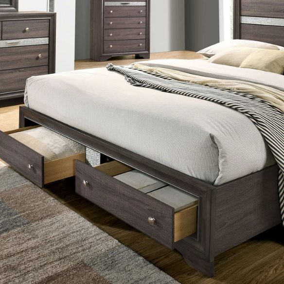 Modern Style 2-Piece Grey Storage Platform Bedroom Set with Panel Bed, Nightstand, and Sleek Silver Accents