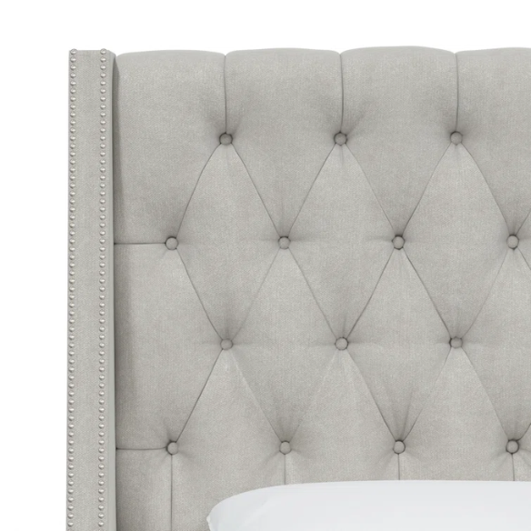 Chic Upholstered Wingback King Size Bed with Button Tufting and Nailhead Trim