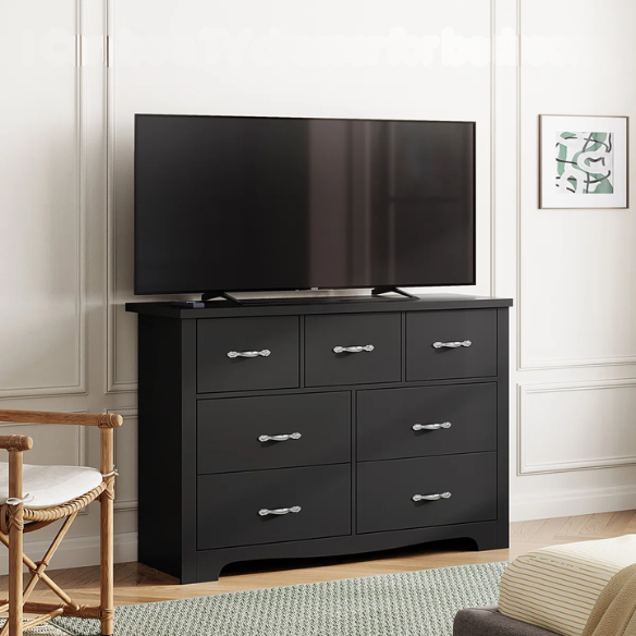 French Country-Inspired 47.2" 7-Drawer Double Dresser with Scalloped Apron and Elegant Metal Handles