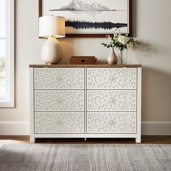 Boho-Inspired 45.4" 6-Drawer Dresser with Distressed Finish and Openwork Floral Details