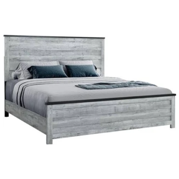 Rustic Grey Wash Queen 5-Piece Bedroom Set – Plank Design Bed, Dresser, Nightstand, and Chest with Black Accents and Durable Hardware