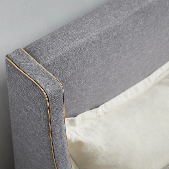 Elegant Linen Wingback Upholstered Platform Bed Frame – Luxurious Full Double Size Design with Gold Piping, Sturdy Support, and Effortless Assembly