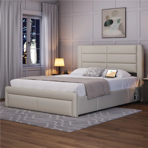 King Size Vegan Leather Metal Platform Storage Bed with 3 Drawers, Tufted Headboard, and Built-In USB Ports – Modern Design for Ultimate Comfort and Convenience