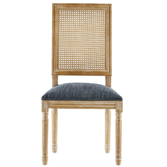 French Country Wood and Cane Upholstered Dining Chairs – Weathered Rubberwood Frame with Fluted Legs & Rectangular Cane Backrest