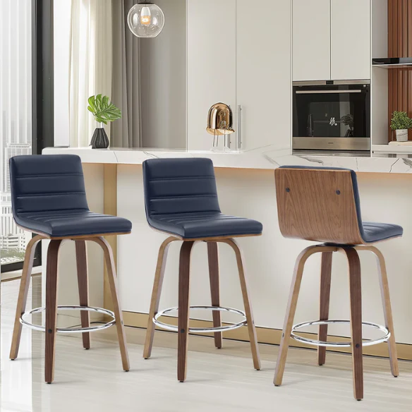 Mid-Century Modern Faux Leather Swivel Counter/Bar Stools – 360° Swivel, Padded PU Leather Seat & Back, Durable Bentwood Legs, Metal Footrest, Supports Up to 440lbs for Home Bar or Kitchen