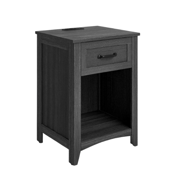 Farmhouse-Style Nightstand with Built-In Charging Station – Engineered Wood, Spacious Top, Drawer & Open Compartment, Matte Black Metal Handle, USB-A & USB-C Ports, AC Outlets, Ideal for Bedroom or Living Room