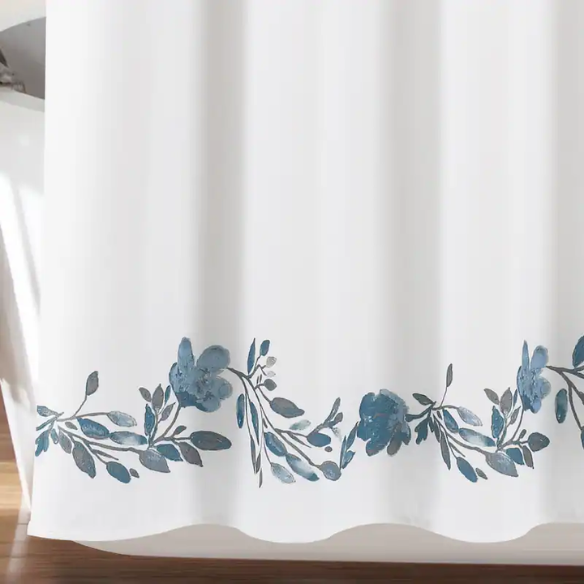 Blue and Grey Floral Vine Shower Curtain – Shabby Chic Farmhouse Style, 72" x 72"