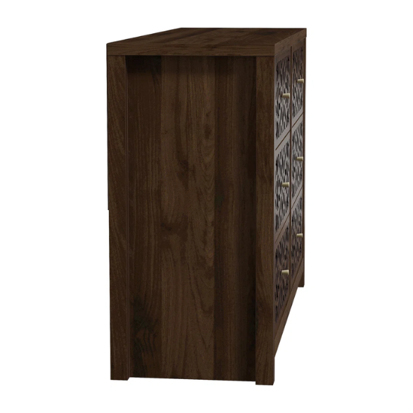 Boho-Inspired 45.4" 6-Drawer Dresser with Distressed Finish and Openwork Floral Details