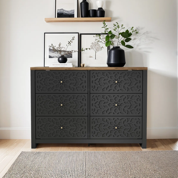 Boho-Inspired 45.4" 6-Drawer Dresser with Distressed Finish and Openwork Floral Details