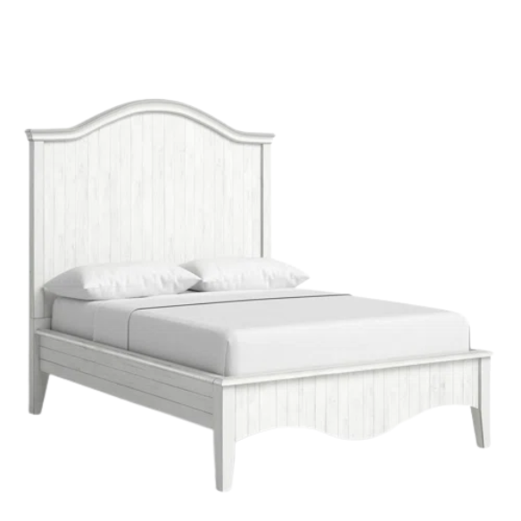 Rustic Charm Meets Chic Elegance: Solid Wood Platform King Size Bedroom Set with Scalloped Edges, Weathered White Wash Finish, Unique Grain Patterns, Angled Feet, and Oil-Rubbed Bronze Drawer Pulls