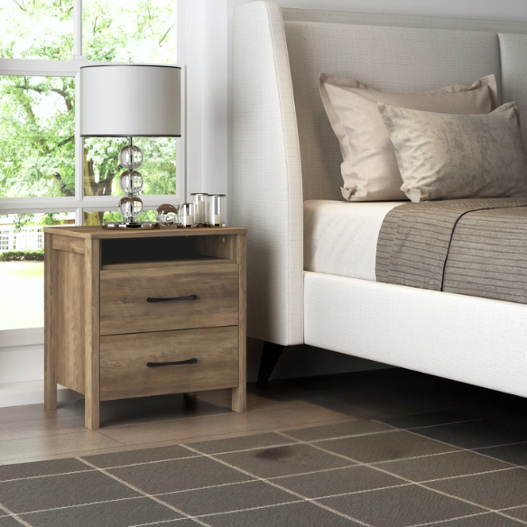 22.7" 2-Drawer Nightstand – Space-Saving Modern Minimalism, Engineered Wood with Clean-Lined Silhouette, Neutral Finish, Open Cubby & 2 Spacious Drawers for Bedroom Storage, Ideal for Tech & Accessories