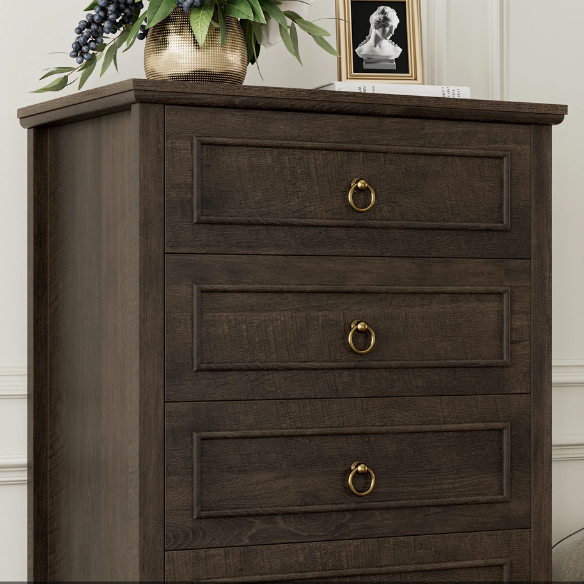French Country-Inspired 5-Drawer Chest with Metal Ring Handles, Paneled Detailing, and Classic Crown Molding