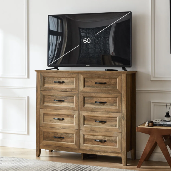 French Country-Inspired 8-Drawer 47.3" Double Dresser with Rustic Finish, Crown Molding, and Tapered Legs
