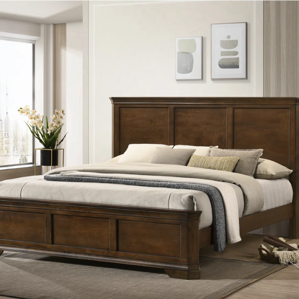Transitional 6-Piece Bedroom Set with Panel Bed, Dresser, Mirror, Chest, and Nightstands – Featuring Trio Panel Headboard and Footboard, Dust-Proof Drawers, Dual-Tone Finish, and Dark Nickel Hardware for a Stylish and Functional Bedroom