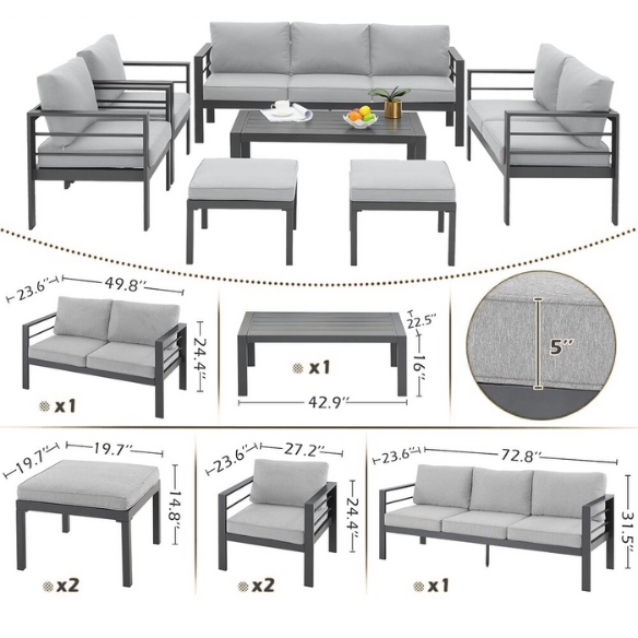 Modern Outdoor Patio Furniture Set | 7-Piece Conversation Set with Coffee Table and Cushions | Ideal for Balcony, Porch, and Lawn