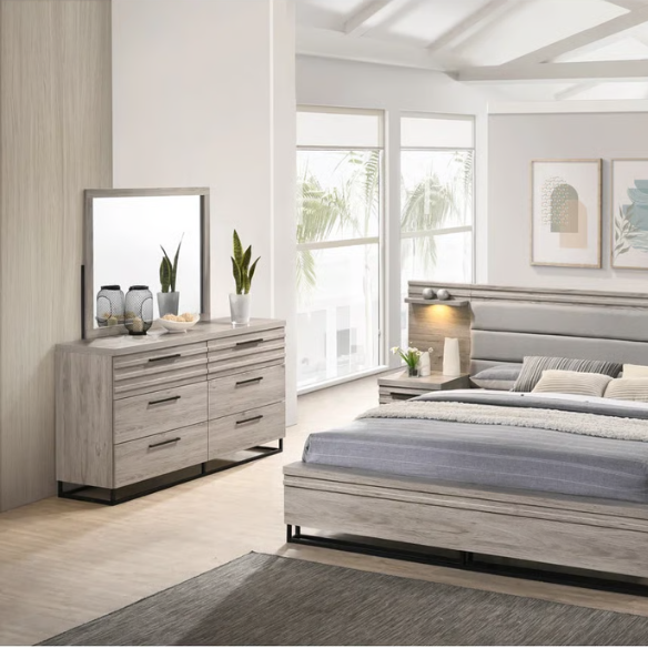 Upholstered 5-Piece Bedroom Set with Weathered Gray Finish, LED Piers, and Functional Storage