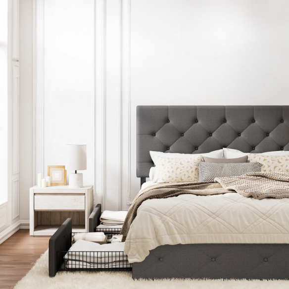 King Size Upholstered Platform Storage Bed with Spacious Drawers, Quiet Structure, and Sleek Minimalist Design