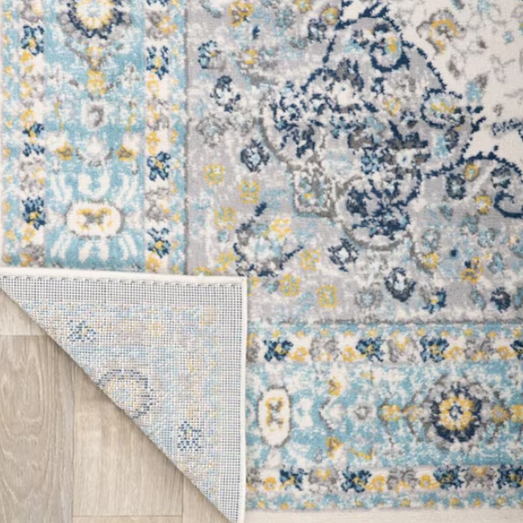 Distressed Oriental-Inspired Indoor Rug – Blue, Yellow & Cream Medallion Pattern, Stain-Resistant, Fade-Resistant, Perfect for Traditional & French Country Décor