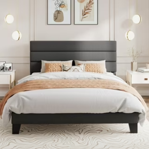 King Size Upholstered Platform Bed with Steel Frame, Foam Padding, and Durable Slat Support