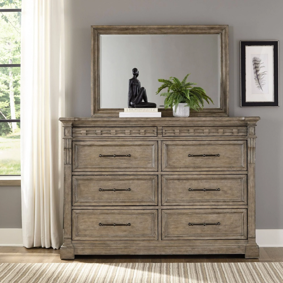 Timeless Elegance Barrigan 6-Piece King Panel Bed, Dresser, Mirror, Chest & Nightstand Set – Dusty Taupe Finish, Burnished Brass Accents, Full Extension Drawers, Cedar & Felt-Lined Drawers, Decorative Fretwork, and Built-in Charging Station