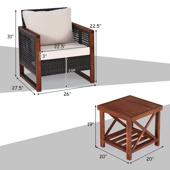 3-Piece Patio Wicker Furniture Set | Rattan Outdoor Sofa with Washable Cushions and Acacia Wood Coffee Table | Perfect for Garden and Backyard