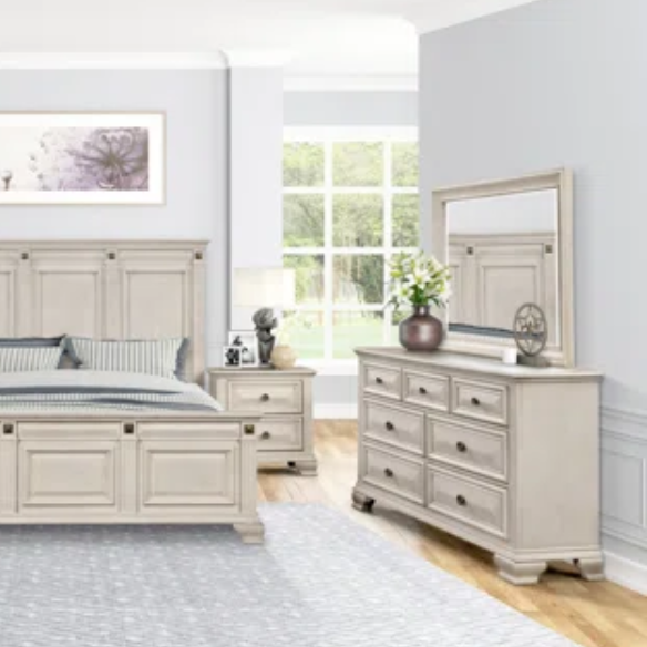 Solid Wood Panel 3-Piece Bedroom Set – Renova Distressed Parchment Wood Panel Bed with Vintage Black Finish, Muted Silver Accents, Fluted Pilasters, and French Bracket Foot Bases – Timeless Traditional Style with Raised Beveled Drawer Fronts