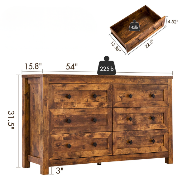 6-Drawer Dresser – A Perfect Blend of Rustic Charm and Industrial Elegance, Featuring a Clean-Lined Silhouette and Weathered Finish. Crafted from Solid and Engineered Wood