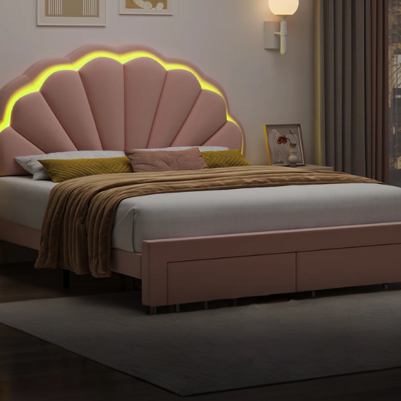 Floral-Inspired Queen Size Upholstered LED Bed Frame with Luxury Velvet, Drawer, and Adjustable Headboard