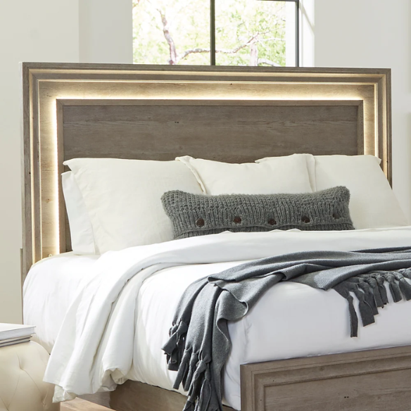 Modern Greystone 4-Piece King Storage Bed, Dresser, Mirror & Nightstand Set with LED Lighting, Built-In Charging Station, and Brushed Nickel Hardware – Floating Panel Headboard and Plinth Base