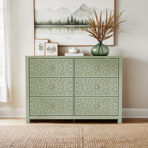 Boho-Inspired 45.4" 6-Drawer Dresser with Distressed Finish and Openwork Floral Details