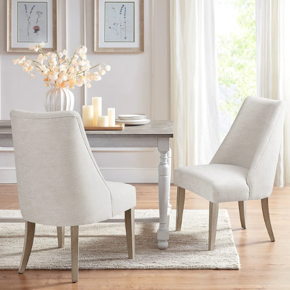 Beige High Back Upholstered Dining Chairs (Set of 2) with Weathered Rustic Wood Legs – Farmhouse Style Seating