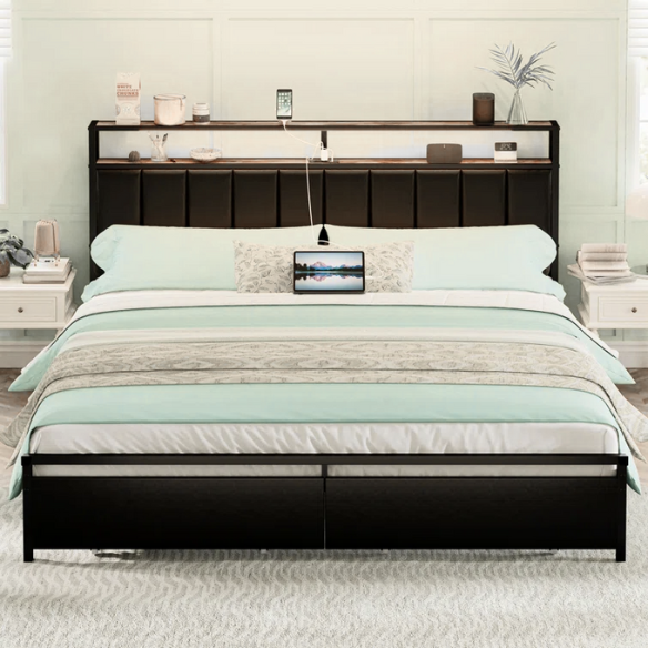 Modern LED King Size Bed Frame with Storage Drawers and Built-in Charging Station