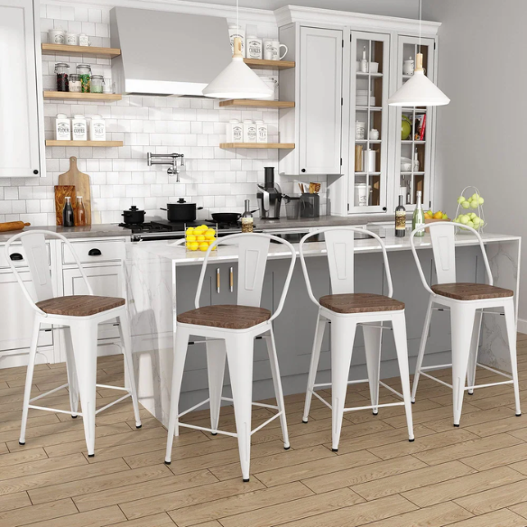 Set of 4 Farmhouse Counter Height Bar Stools – Rustic Industrial Style with Removable Backrest, Heavy-Duty Steel Frame, and Scratch-Resistant Finish