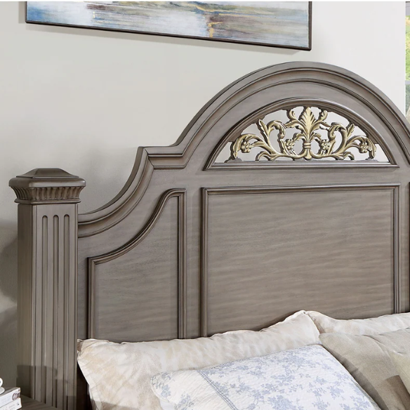 Elegant Traditional 5-Piece Grey Wood Poster Bedroom Set with Fluted Columns, Carved Floral Accents, and Bell-Shaped Headboard