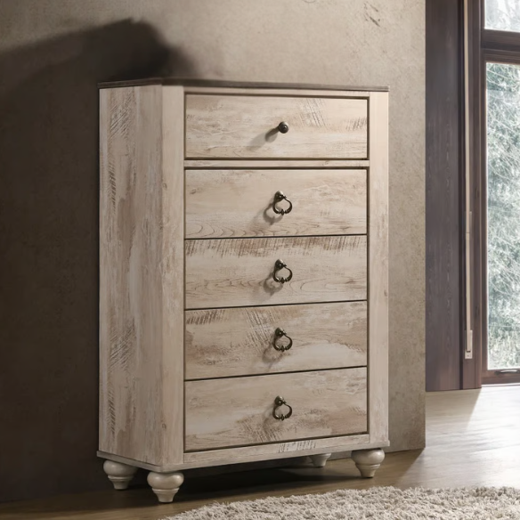 Rustic and Refined 6-Piece Contemporary Driftwood King Bedroom Set with Dovetail Construction and Antique-Inspired Distressed Finish