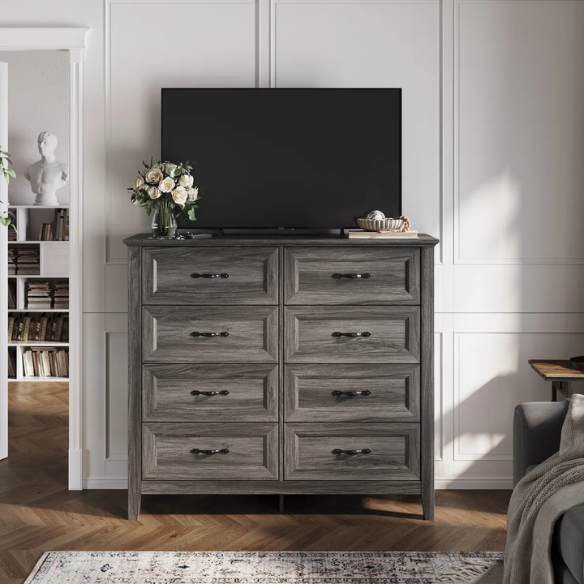 French Country-Inspired 8-Drawer 47.3" Double Dresser with Rustic Finish, Crown Molding, and Tapered Legs