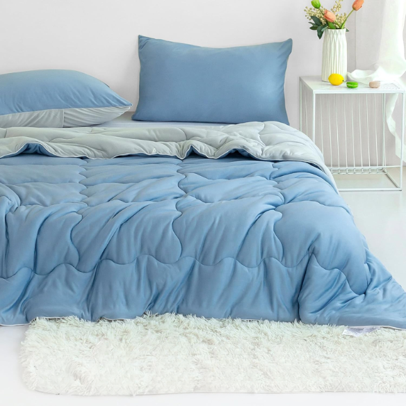 Reversible Ultra-Soft Comforter Set, Jersey Knit Milk Cup Breathable Fluffy Light Weight Bedding Down Alternative & Pillowcase