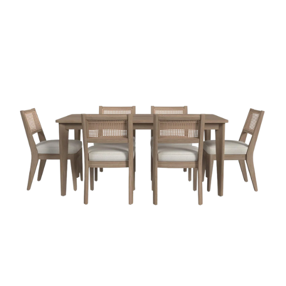 7-Piece Brown Wood Rectangle Dining Set – Mid-Century Boho Style with Sustainable Oak & Cane Details