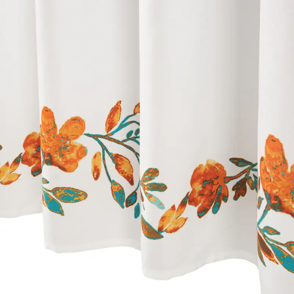 Orange and Teal Floral Vine Shower Curtain – Shabby Chic Farmhouse Elegance, 72" x 72"