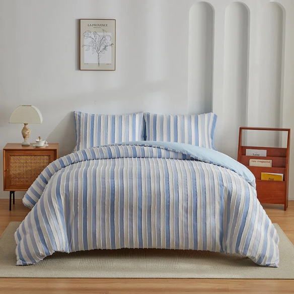 Luxurious Tufted Duvet Cover Set – Queen Size | Striped Textured Boho Bedding | Ultra-Soft Washed Microfiber | 3-Piece Set