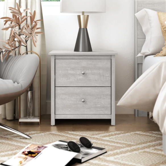 2-Drawer Nightstand – Neutral Engineered Wood, Streamlined Rectangular Design, Four Block Legs, Convenient Storage with Roller-Glide Drawers & Metal Knobs, Perfect for Traditional & Contemporary Bedroom