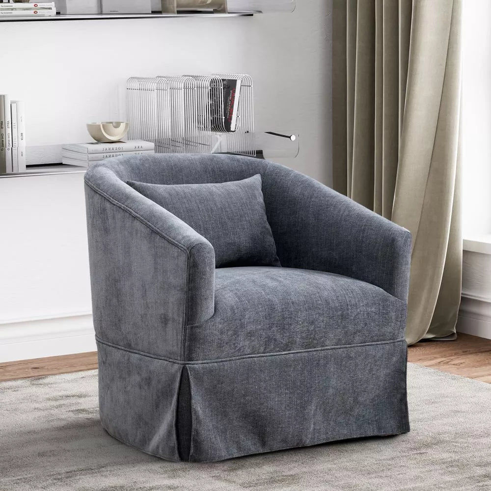 Set of 2 Dark Grey Swivel Accent Chairs with 360-degree swivel base, modern linen blend upholstery, wood accent detailing, and sturdy metal frame. Ideal for living rooms, offices, and bedrooms, these stylish chairs offer exceptional comfort and versatility. Easy to assemble and built to last.