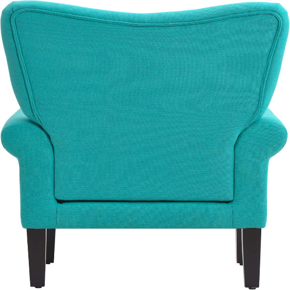 A teal solid-colored accent chair featuring a sleek modern design with a tufted wingback, padded armrests, and a wide, cushioned seat. Supported by elegant, tapered wooden legs, this chair combines comfort with sophistication, making it a perfect addition to a living room, office, or reading nook. The rich teal upholstery adds a pop of color to the space, complementing various décor styles.