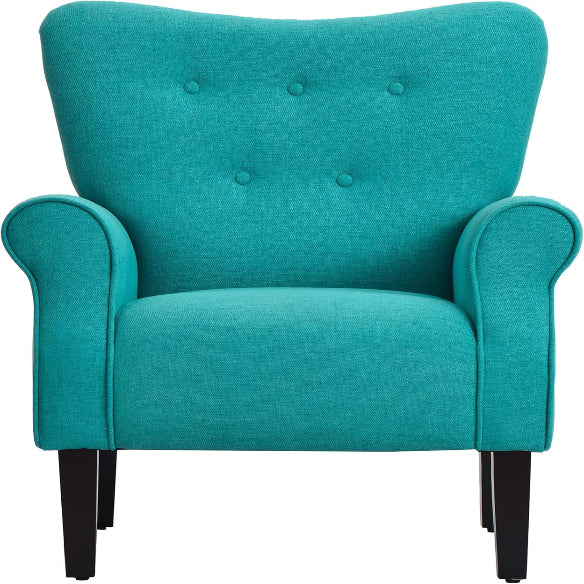 A teal solid-colored accent chair featuring a sleek modern design with a tufted wingback, padded armrests, and a wide, cushioned seat. Supported by elegant, tapered wooden legs, this chair combines comfort with sophistication, making it a perfect addition to a living room, office, or reading nook. The rich teal upholstery adds a pop of color to the space, complementing various décor styles.