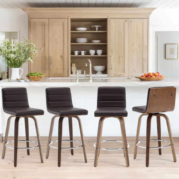 Mid-Century Modern Faux Leather Swivel Counter/Bar Stools – 360° Swivel, Padded PU Leather Seat & Back, Durable Bentwood Legs, Metal Footrest, Supports Up to 440lbs for Home Bar or Kitchen