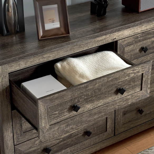 6-Drawer Dresser – A Perfect Blend of Rustic Charm and Industrial Elegance, Featuring a Clean-Lined Silhouette and Weathered Finish. Crafted from Solid and Engineered Wood