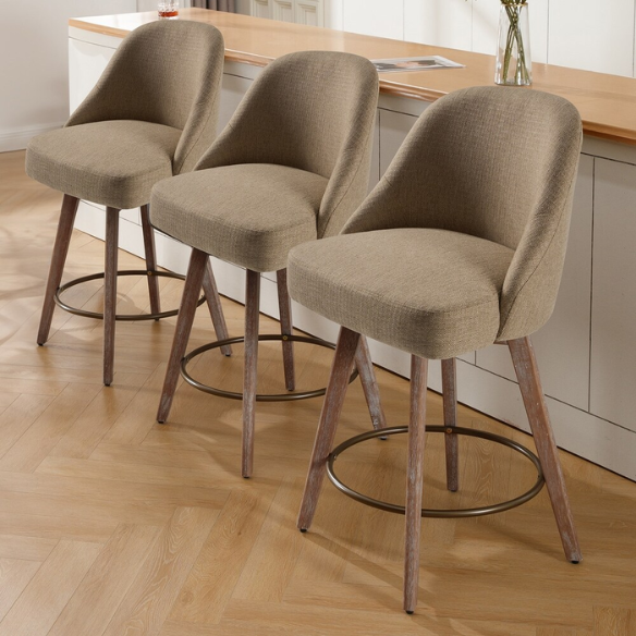 Modern Counter Height Swivel Bar Stool – Upholstered Faux Leather/Polyester Blend Seat, Solid Beech Wood Frame, Ergonomic High Back, Bronze Metal Footrest, 300lb Capacity for Kitchen, Bar, or Pub