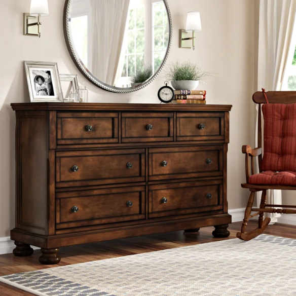 Timeless 5-Piece Platform Bedroom Set with Hidden Storage, Rich Medium Brown Finish, Birch Veneer, and Hardwood Accents - Featuring Bun Feet, Clever Drawer Storage, and Classic Transitional Design