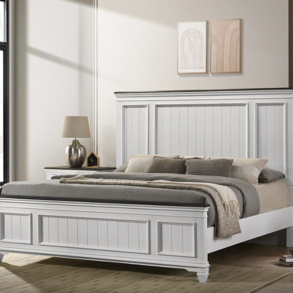 Modern Farmhouse 5-Piece Wood Bedroom Set with Shiplap Detailing, Weathered White Finish, and Black Finished Hardware